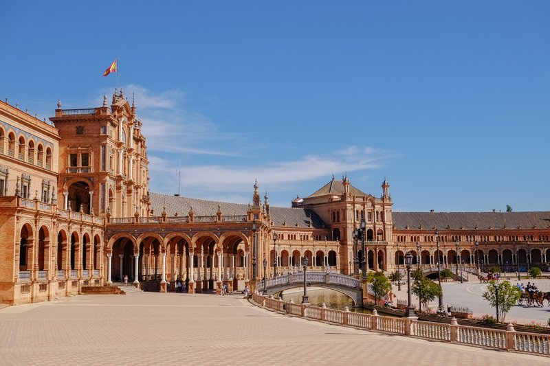 Landscape view of famous ancient landmark Plaza de España. Seville, Spain.