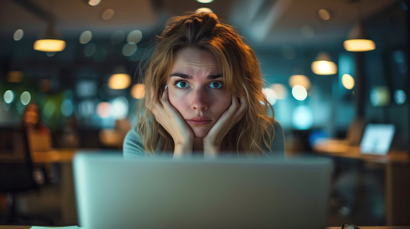 Young woman employee looks desperate as she holds her head in her hands and stares at her laptop screen