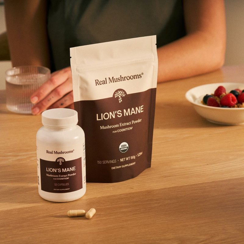 Enjoy Lion's Mane Mushroom benefits with Real Mushrooms Lion's Mane capsules and mushroom extract powder