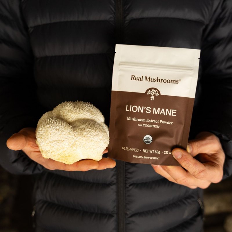 A person holding both Real mushrooms lion's mane powder in a pouch and a Lion's Mane Mushroom