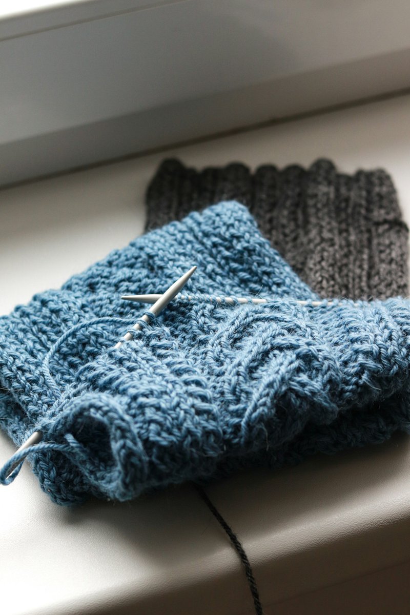 Knitted pieces in blue and dark grey (Photographer: Anastassiya Karfik)