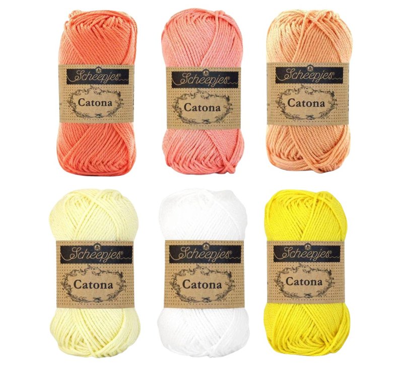 Scheepjes Catona yarns in shades of yellow, coral, peach, and white (Source: Scheepjes)