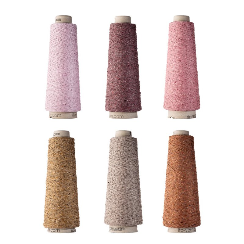ITO Kinu yarn in shades of soft pink, mauve, warm brown, and muted neutral (Source: ITO Yarn)