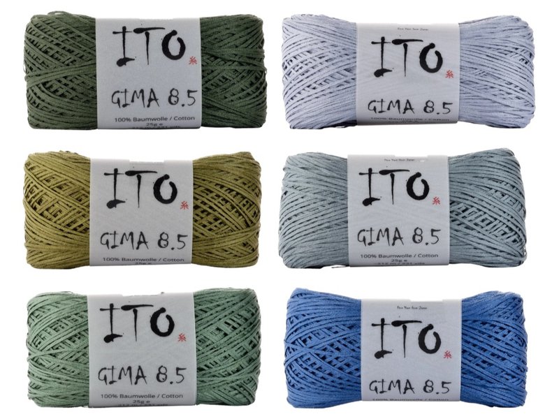 ITO Gima yarn in shades of blue, green, and soft grey (Source: ITO Yarn)