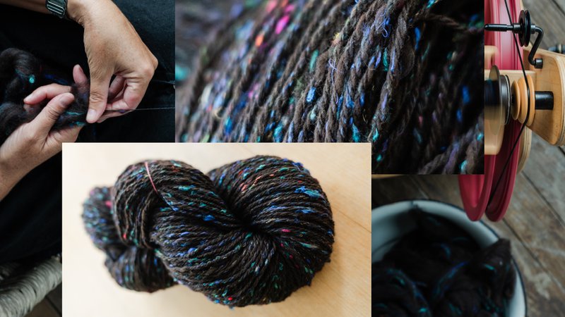 Wool, silk and fibre scraps handspun into yarn. (Source: Samantha Gehrmann)