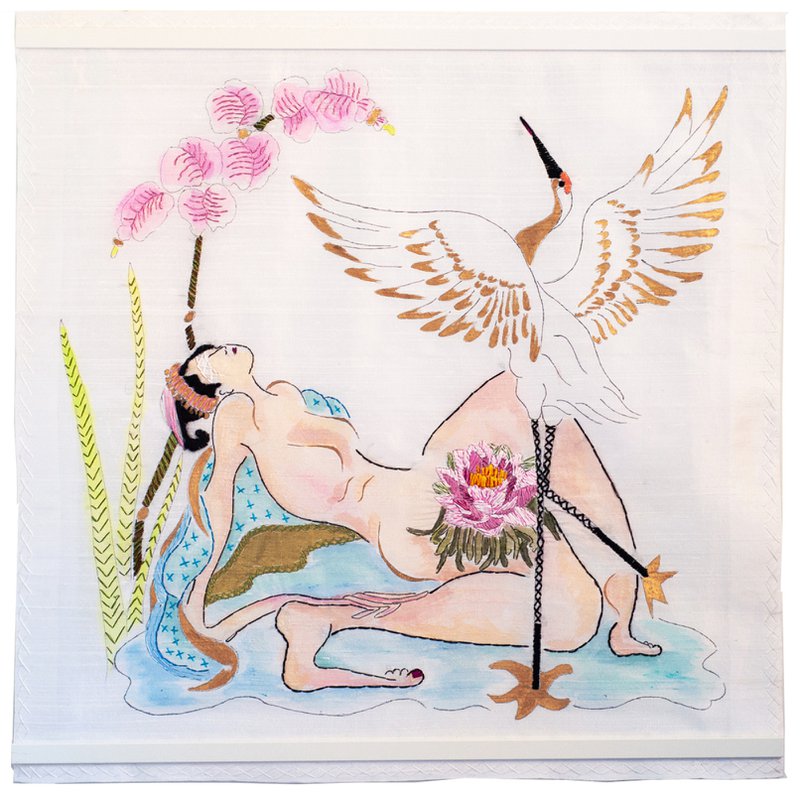 Once playfully sensual, Carol Scavotto’s silk embroideries now bristle with anger, the subtle eroticism edged out by imagery she calls ‘subtly political.’