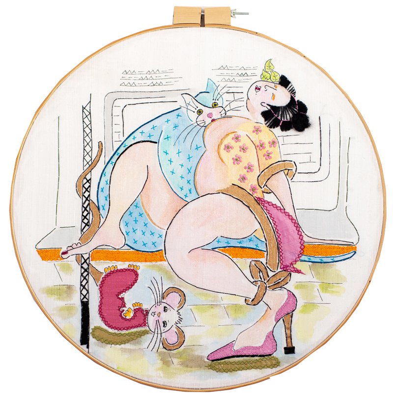 Once playfully sensual, Carol Scavotto’s silk embroideries now bristle with anger, the subtle eroticism edged out by imagery she calls ‘subtly political.’