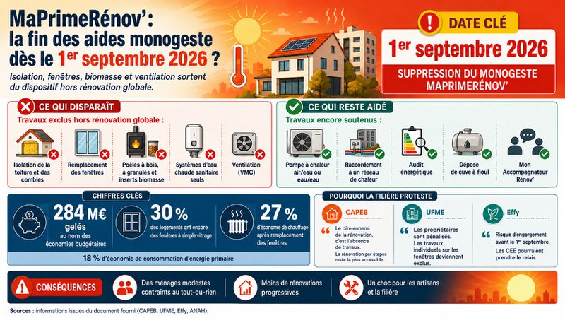 Suppression de MaPrimeRénov' monogeste au 1er septembre 2026 Suppression de MaPrimeRénov' monogeste au 1er septembre 2026