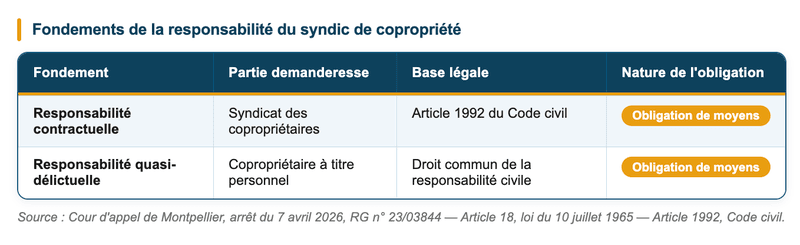Fondements de la responsabilité du syndic de copropriété selon la qualité du demandeur. 