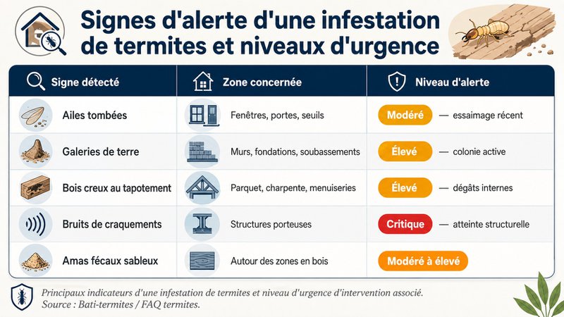 Tableau des principaux signes d'alerte d'une infestation de termites et niveaux d'urgence associés. Tableau des principaux signes d'alerte d'une infestation de termites et niveaux d'urgence associés.