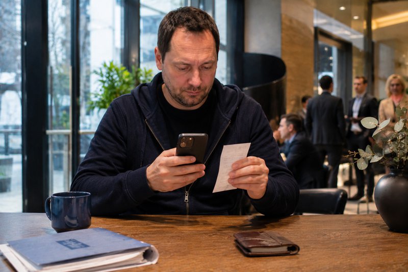 Ondernemer scant onderweg een bonnetje met zijn smartphone in een moderne koffiebar terwijl hij ontspannen zijn administratie verwerkt in een zakelijke omgeving.