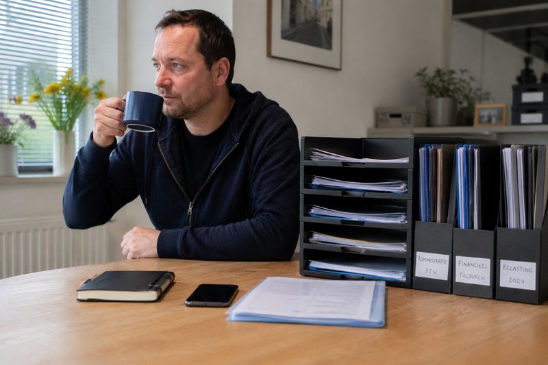 Ontspannen ondernemer drinkt koffie aan een opgeruimde tafel met netjes georganiseerde administratie, mappen en documentbakken in een moderne lichte ruimte.