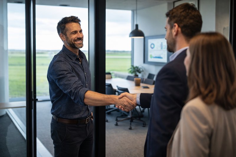 Administratiekantoor eigenaar schudt hand van nieuwe klant tijdens kennismaking in vergaderruimte
