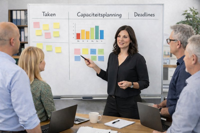 Teamoverleg in een administratiekantoor, waarbij de teamleider een capaciteitsplanning bespreekt rond een whiteboard