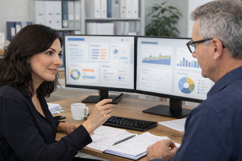 administrateur overlegt met een collega in een modern accountantskantoor
