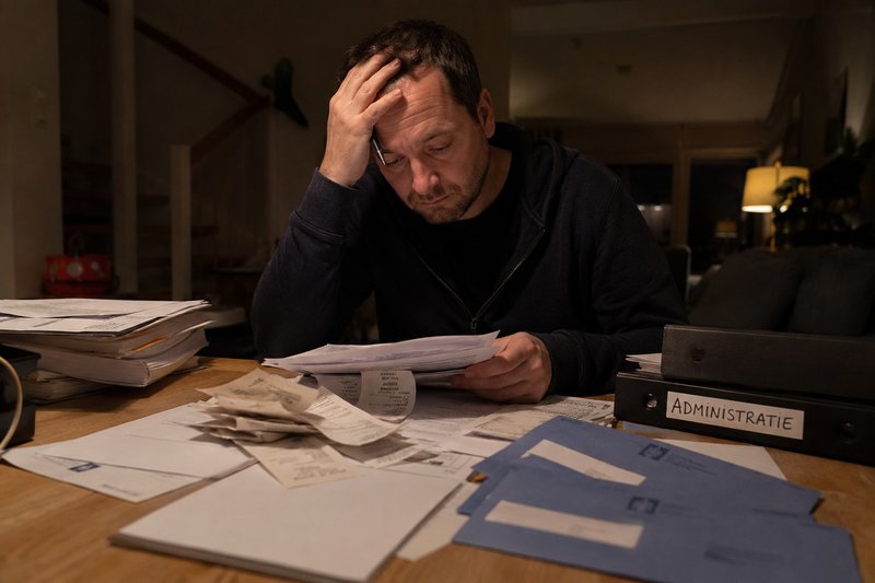Man van middelbare leeftijd zit laat in de avond vermoeid aan een keukentafel vol bonnetjes, belastingbrieven en administratie.