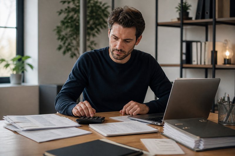 Ondernemer controleert btw en administratie aan bureau met facturen.