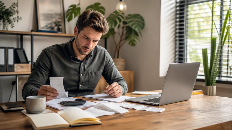 Startende ondernemer werkt aan administratie en boekhouding in thuiskantoor.