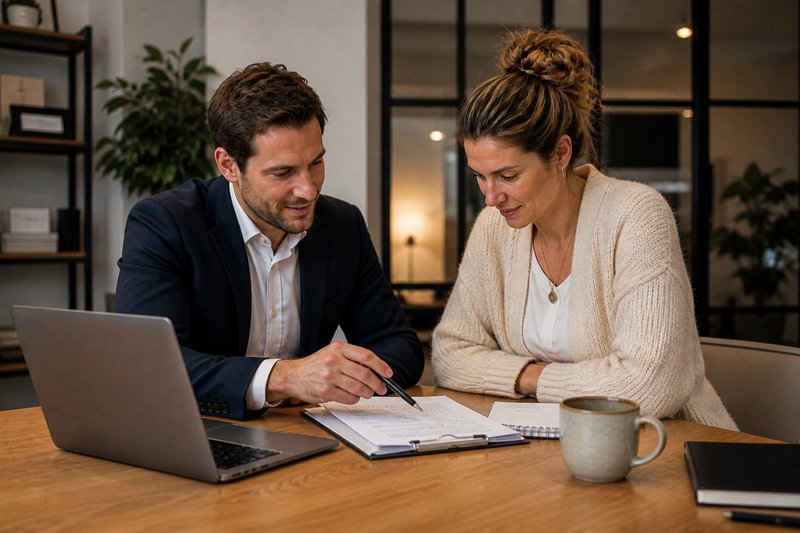 Boekhouder bespreekt administratie en financiële cijfers met ondernemer.
