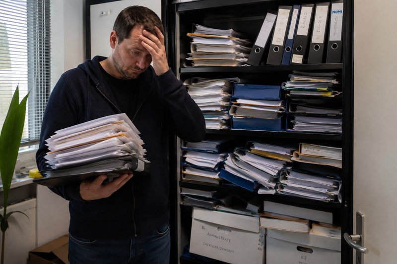 Vermoeide ondernemer staat in een smalle kantoorruimte voor een overvolle kast met ordners en losse administratie terwijl hij een stapel documenten vasthoudt.
