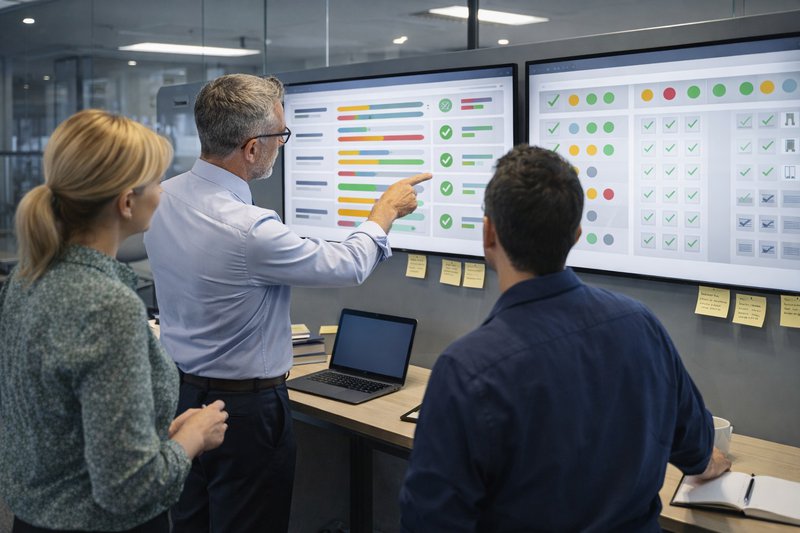 Teamleden bekijken samen digitale voortgangsoverzichten met statusindicatoren voor administraties en klantaanlevering in een moderne kantooromgeving