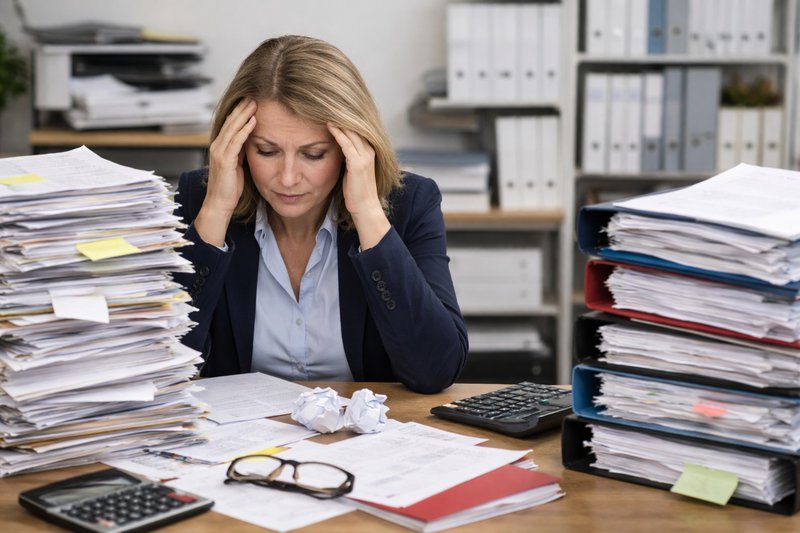 administrateur met stapels papier op haar bureau