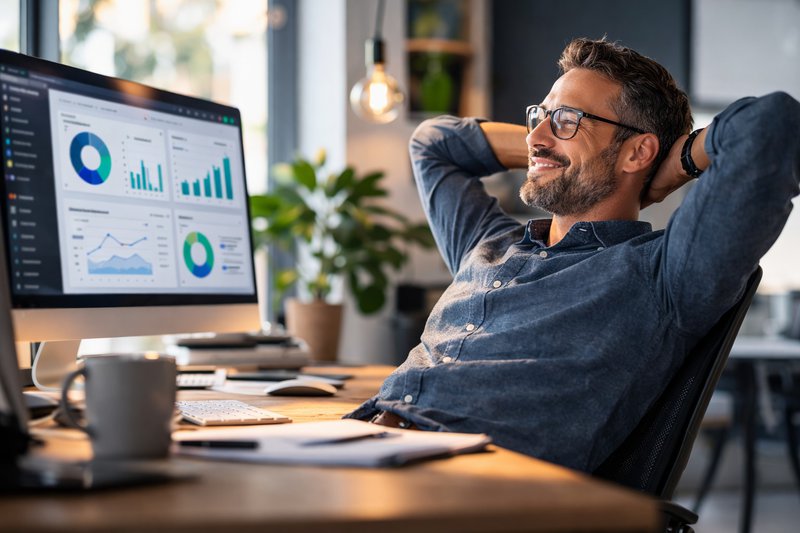Administratiekantoor medewerker kijkt tevreden naar financieel dashboard in boekhoudsoftware voor meerdere klantadministraties