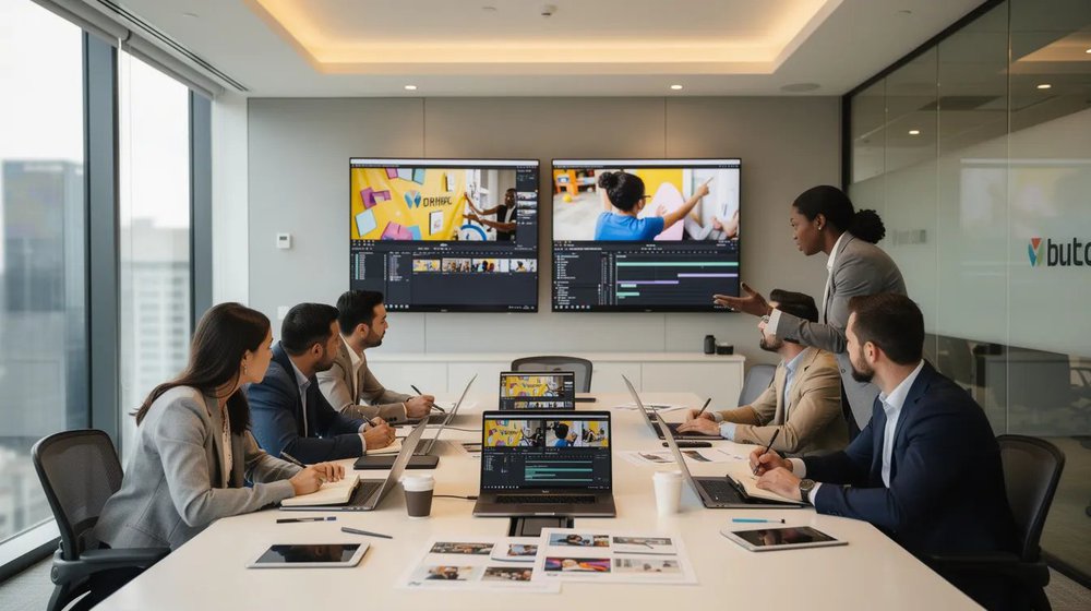 Marketing team reviewing event video footage on multiple monitors