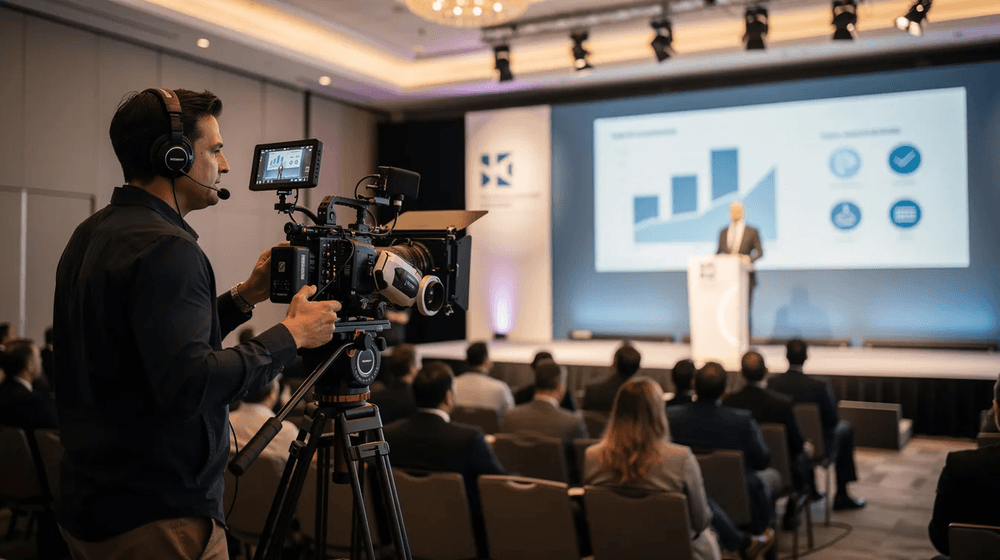 A camera operator is positioned with professional filming equipment, capturing a speaker on stage during a corporate event. This scene highlights the importance of skilled videographers in event video production, ensuring high-quality coverage of significant moments for future event highlights.