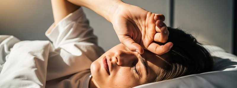 Vermoeide vrouw ligt uitgeput in bed, illustratie van perimenopauze en vermoeidheid