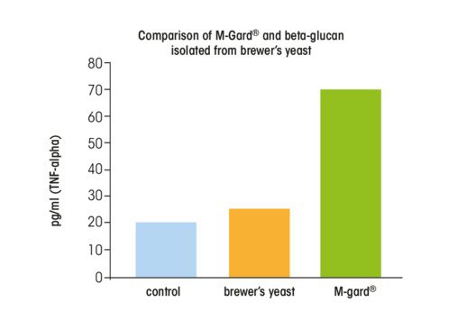 Graph comparing M-gard® and beta-glucans from brewer’s yeast, highlighting immune-supporting properties in Physalis Cold Care products