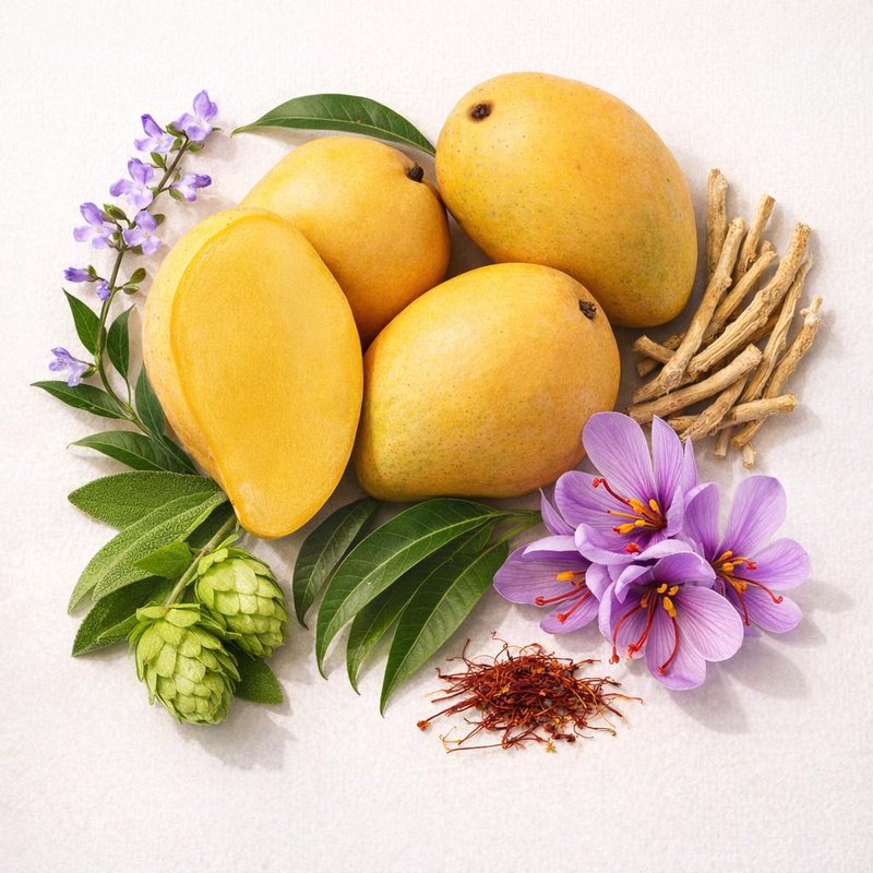 Assortiment van natuurlijke ingrediënten en kruiden zoals maca, salie en saffraan voor perimenopauze ondersteuning