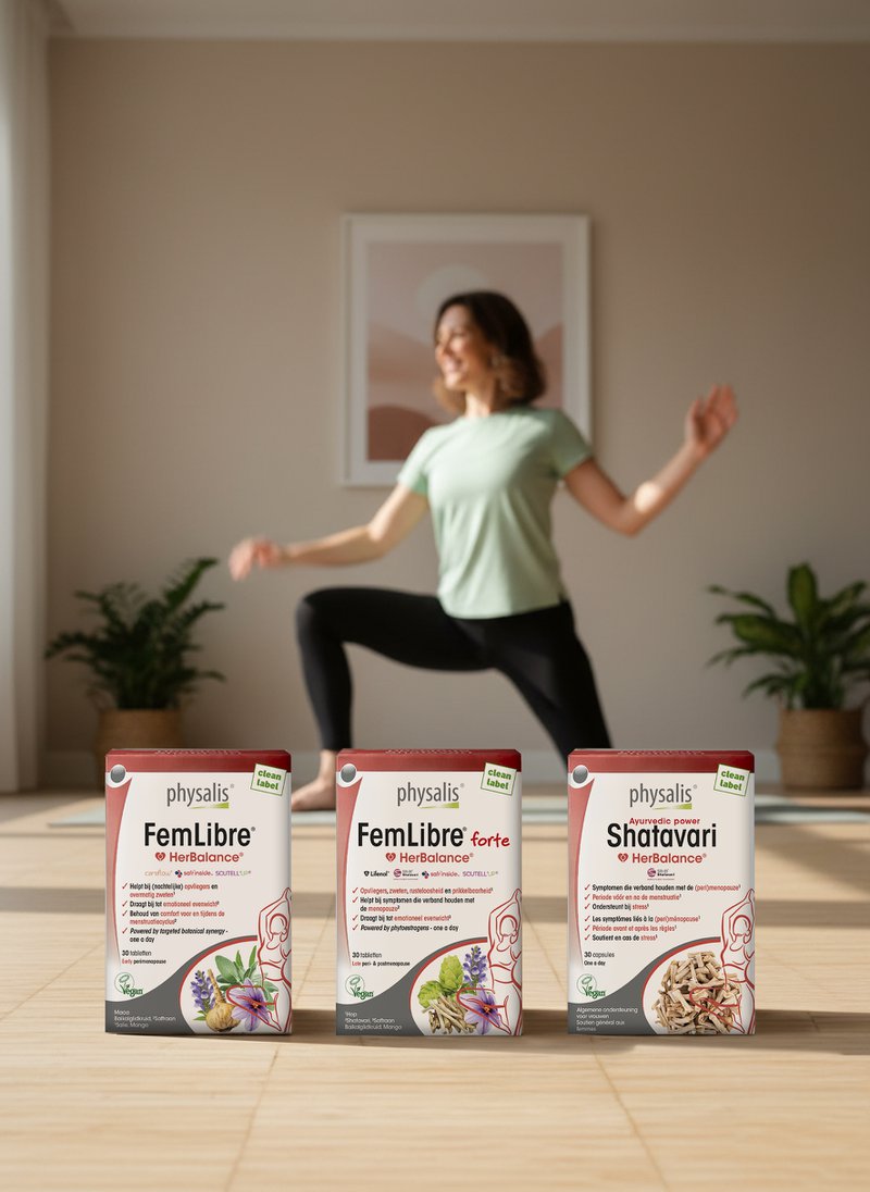 Vrouw in yogahouding op achtergrond met Physalis FemLibre, FemLibre forte  en Shatavari verpakking ervoor. 