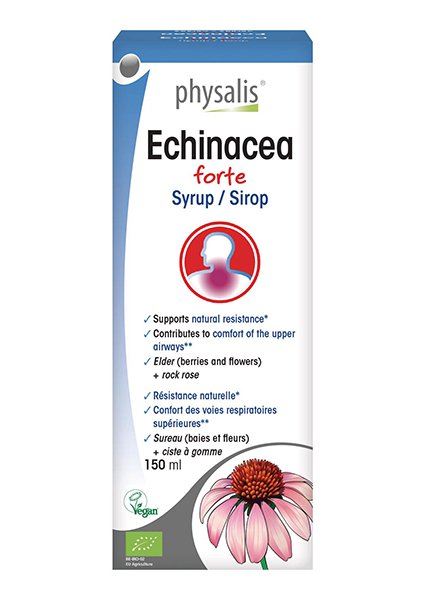 Echinacea syrup packaging, offering gentle immune support with vitamin C for children and adults.