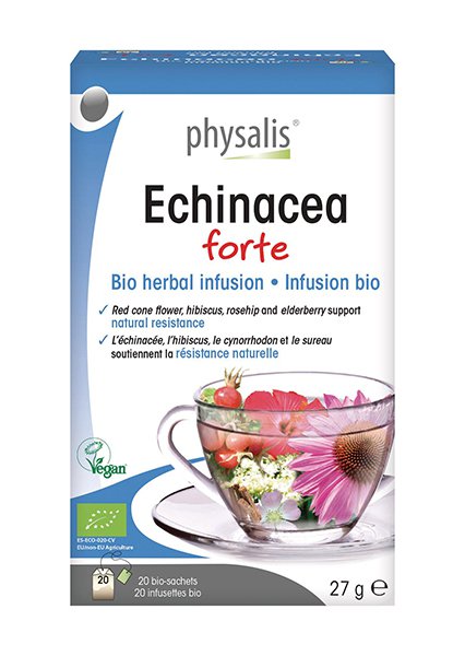 Echinacea herbal infusion packaging, combining echinacea, rosehip, and elderberry for gentle immune support.