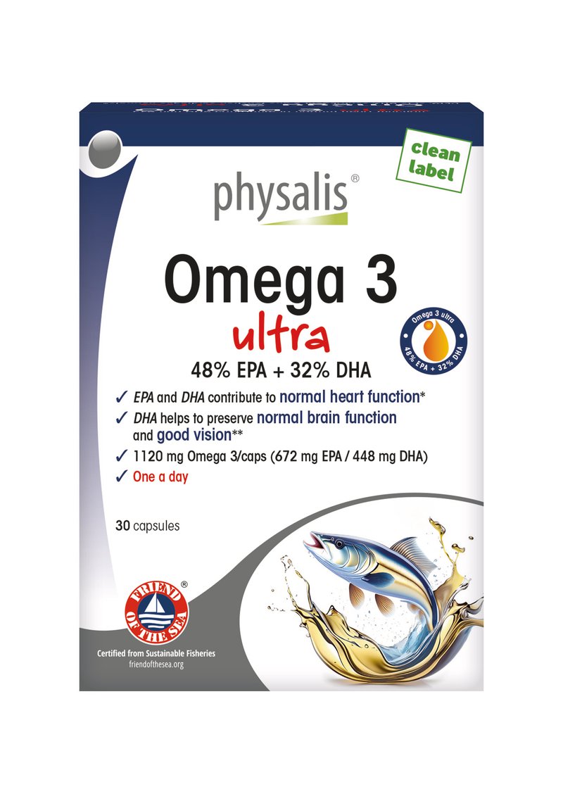 Physalis Omega 3 ultra packaging, featuring maximum-strength fish oil with concentrated EPA and DHA for athletes and high omega-3 needs.