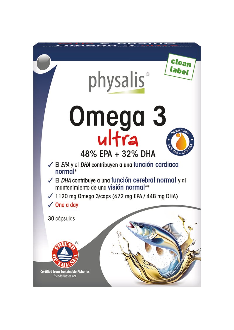 Envase Physalis Omega 3 Ultra, aceite de pescado de máxima potencia con EPA y DHA concentrados para deportistas y personas con alta necesidad de omega-3.