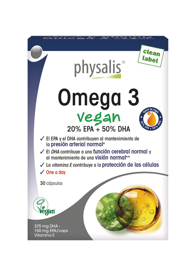 Envase Physalis Omega 3 Vegan, suplemento a base de algas con EPA y DHA para la salud del cerebro, la memoria y los ojos.
