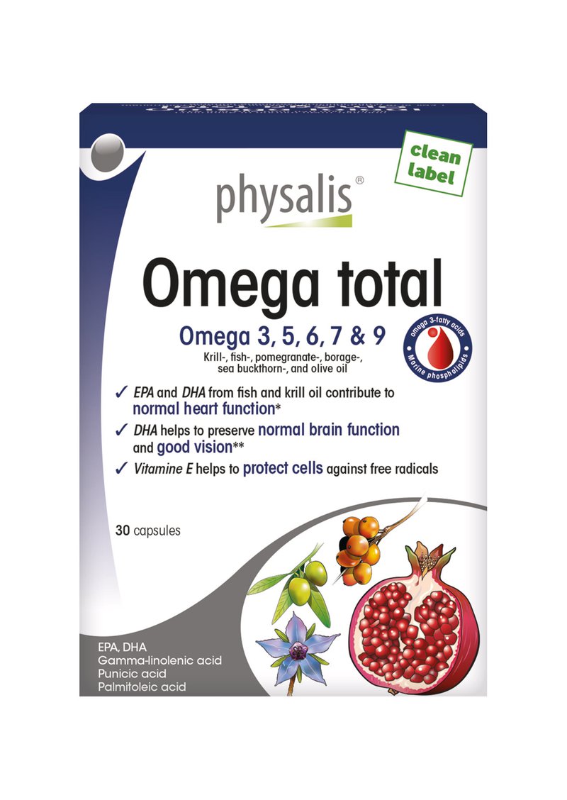Physalis Omega total packaging, featuring a broad-spectrum blend of omega 3, 5, 6, 7, and 9 fatty acids for skin, heart, and cellular health.