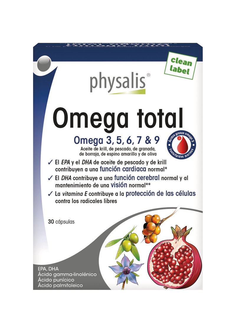 Envase Physalis Omega Total, con un amplio espectro de ácidos grasos omega 3, 5, 6, 7 y 9 para la salud de la piel, corazón y células.