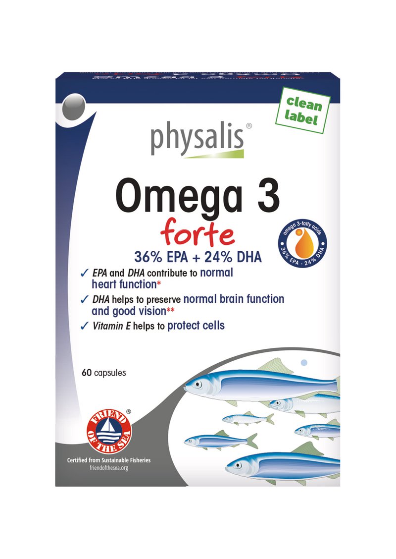 Physalis Omega 3 forte packaging, featuring a high-strength fish oil supplement with EPA and DHA for heart, brain, and eye health.