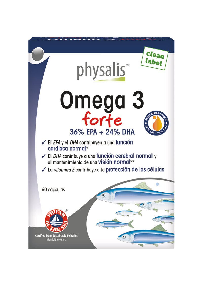Envase Physalis Omega 3 Forte, suplemento de aceite de pescado potente con EPA y DHA para la salud del corazón, cerebro y ojos.