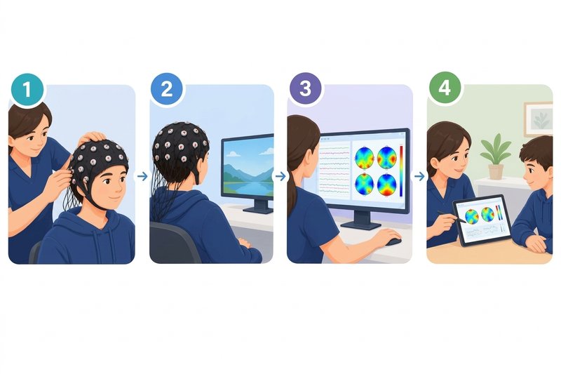 Illustration of the four steps of qEEG brain mapping: fitting a 19-site EEG cap, recording brain activity, analysing data, and discussing results with a practitioner.