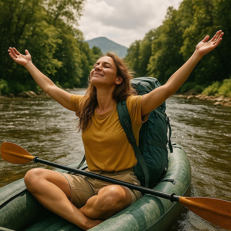 The best traveler mindset: Release control. Pictured: young white woman on an inflatable kayak, floating down the river, arms raised and eyes closed, with her smiling face toward the sun, relaxing and enjoying the experience.