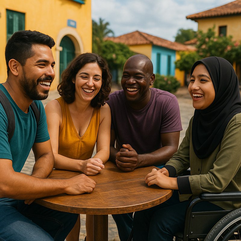 Diverse group of friends sits around a table, out to make friends while traveling.