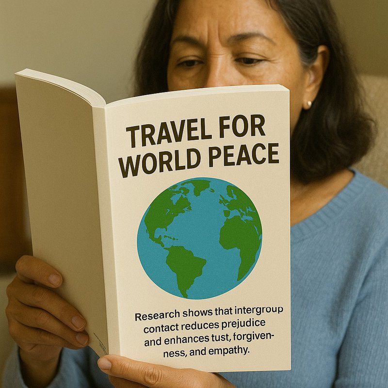 Middle-aged woman reads a book titled "Travel for World Peace" about the benefits to make friends while traveling.