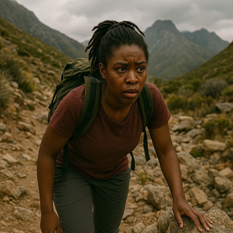 young black woman with a backpack in the mountains struggling to hike on rough terrain, look of focus and a bit of worry on her face