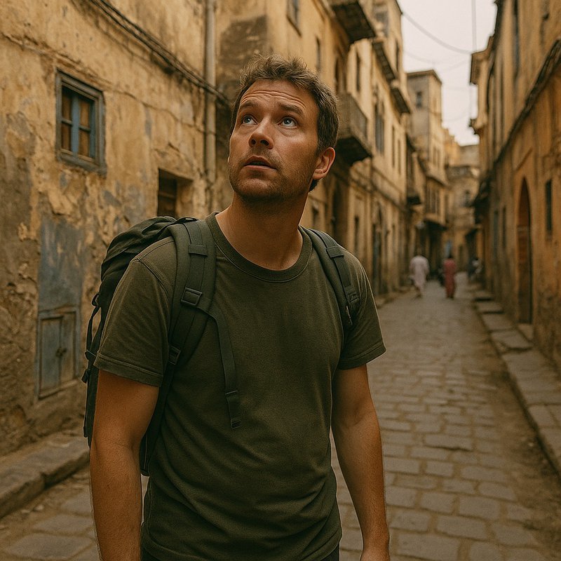 young white man looking at his surroundings with curiosity.