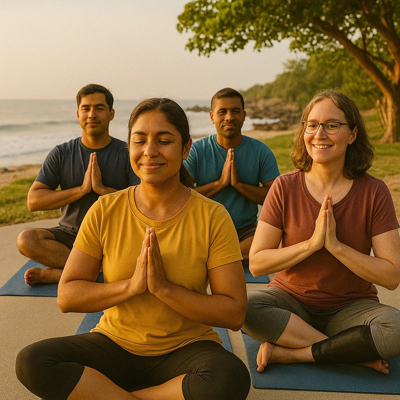 White woman taking a yoga class with a group of locals.