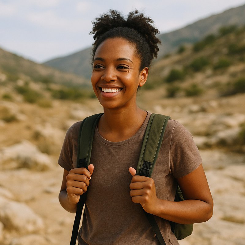 young black woman with a daypack and a smile on her face, in desert mountain type of terrain